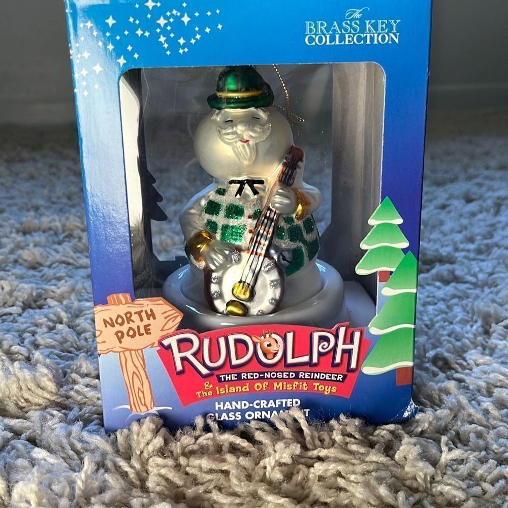 NIB RUDOLPH RED NOSED REINDEER, SAM SNOWMAN GLASS CHRISTMAS ORNAMENT BRASS KEY